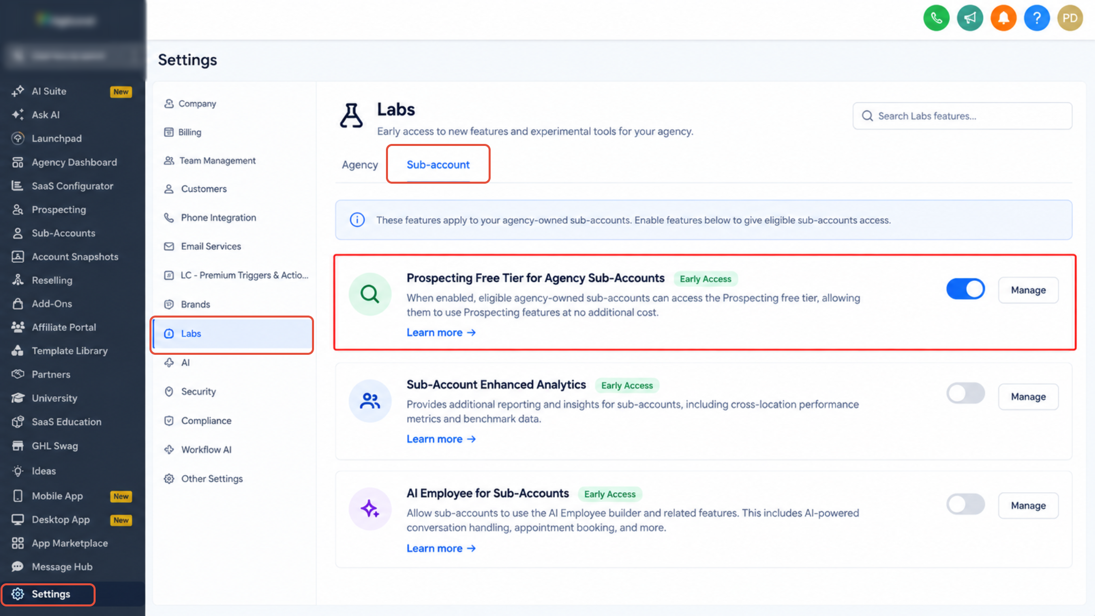 Prospecting Free Tier setting in Agency Labs
