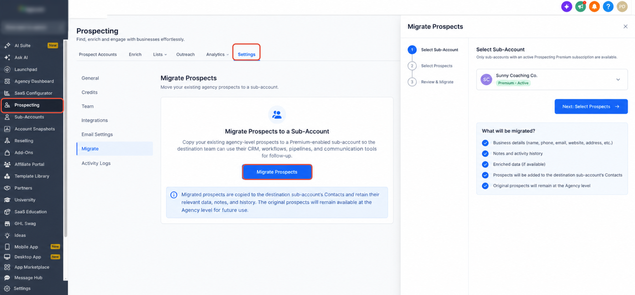 Agency Prospecting migration settings showing the destination sub-account