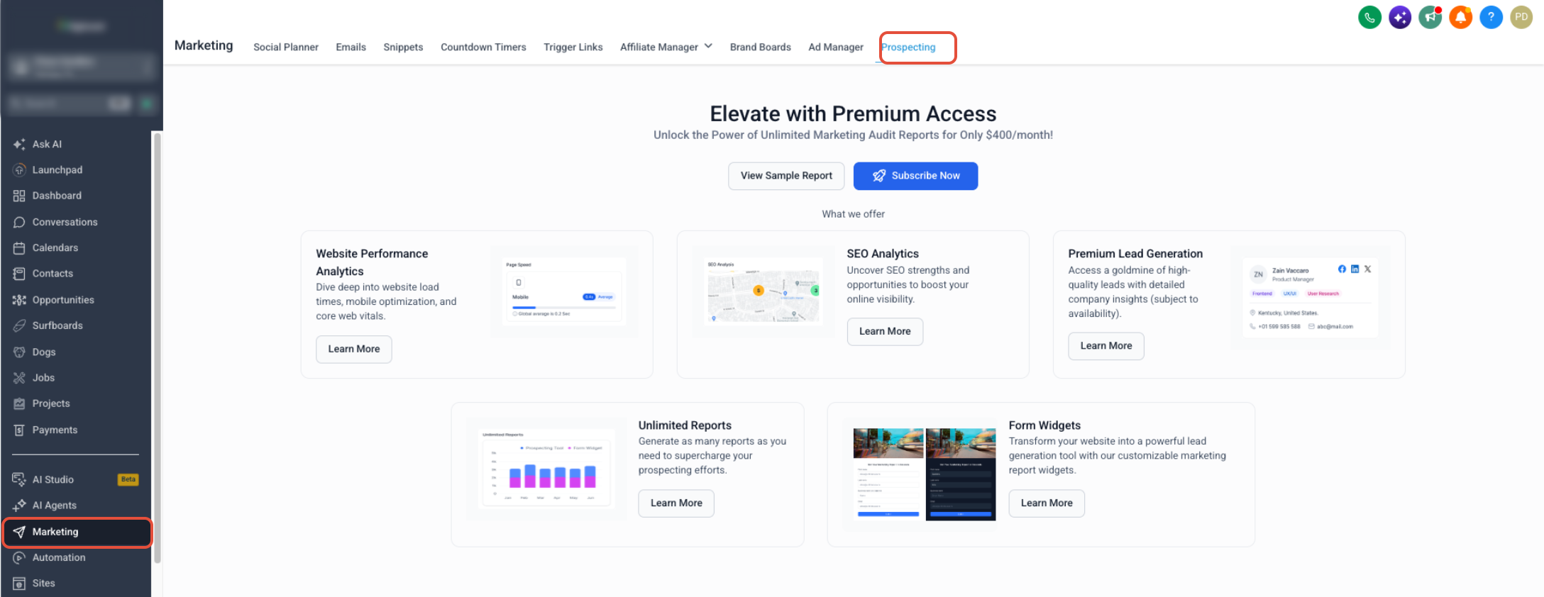 Prospecting dashboard and Premium activation experience