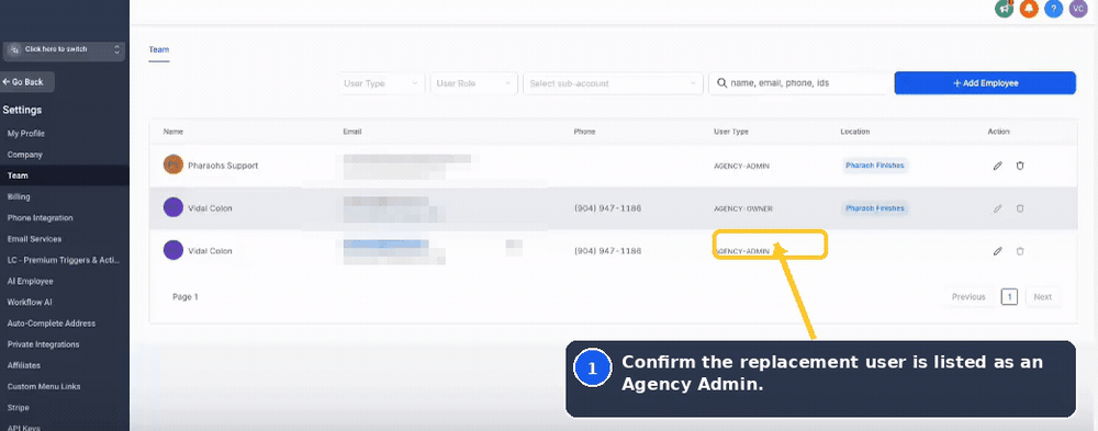 Replacement user confirmed as the Agency Owner