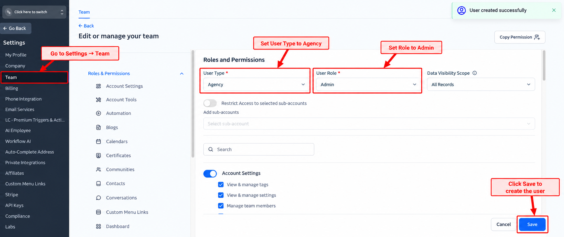 Replacement user configured as an Agency Admin