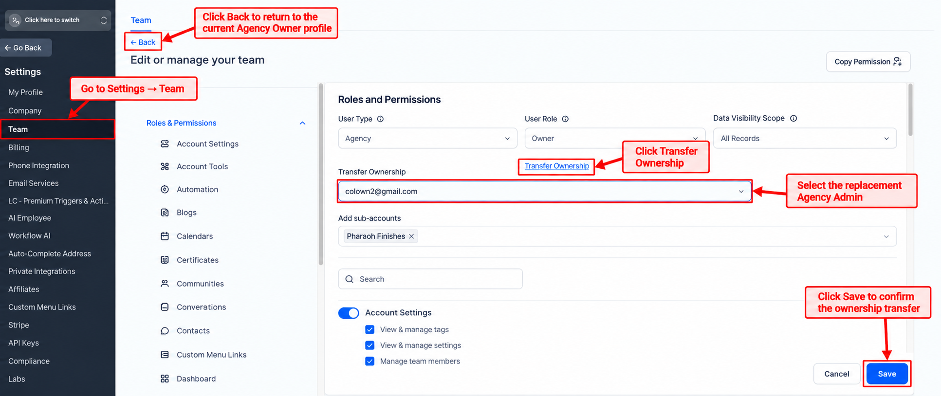 Transfer Owner control showing the replacement Agency Admin