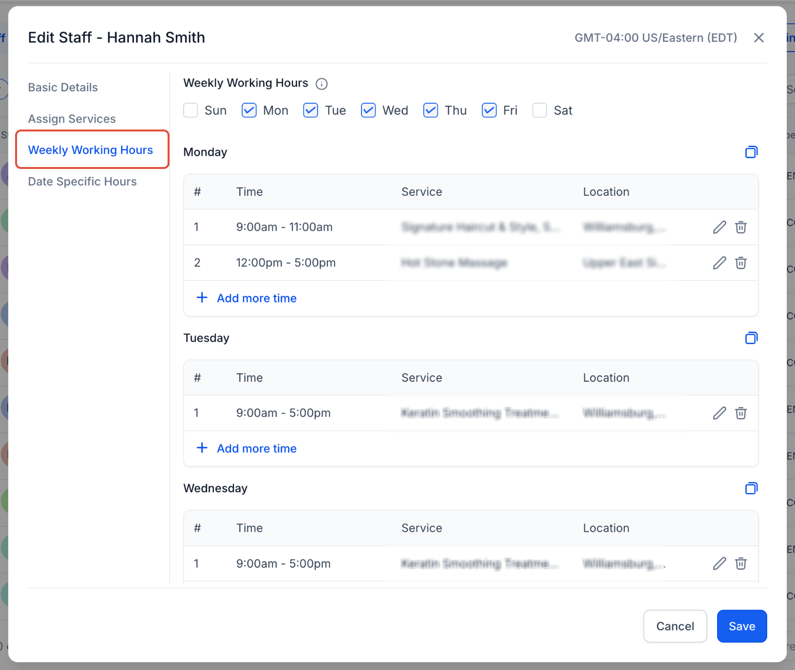Weekly Working Hours settings for a staff member