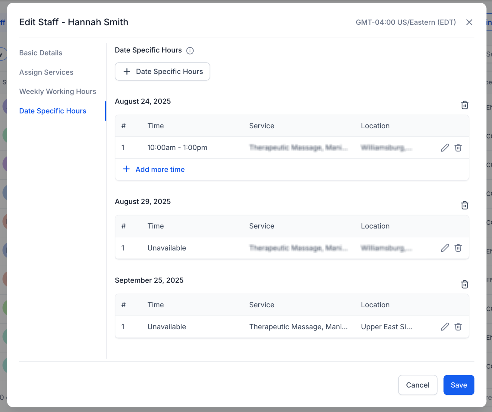 Date-Specific Hours settings for a staff member
