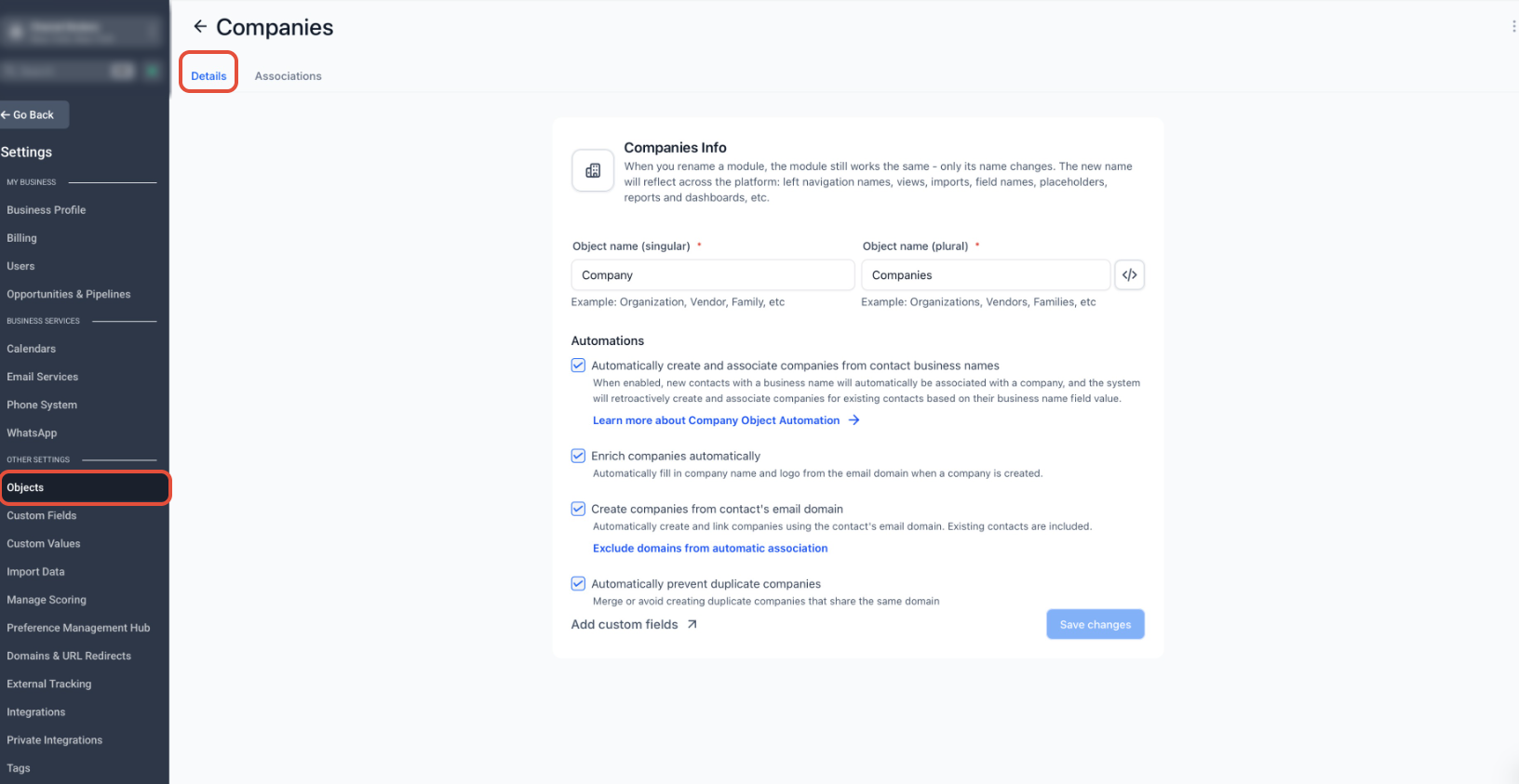Company automation settings showing Business Name, email domain, enrichment, and duplicate-prevention options