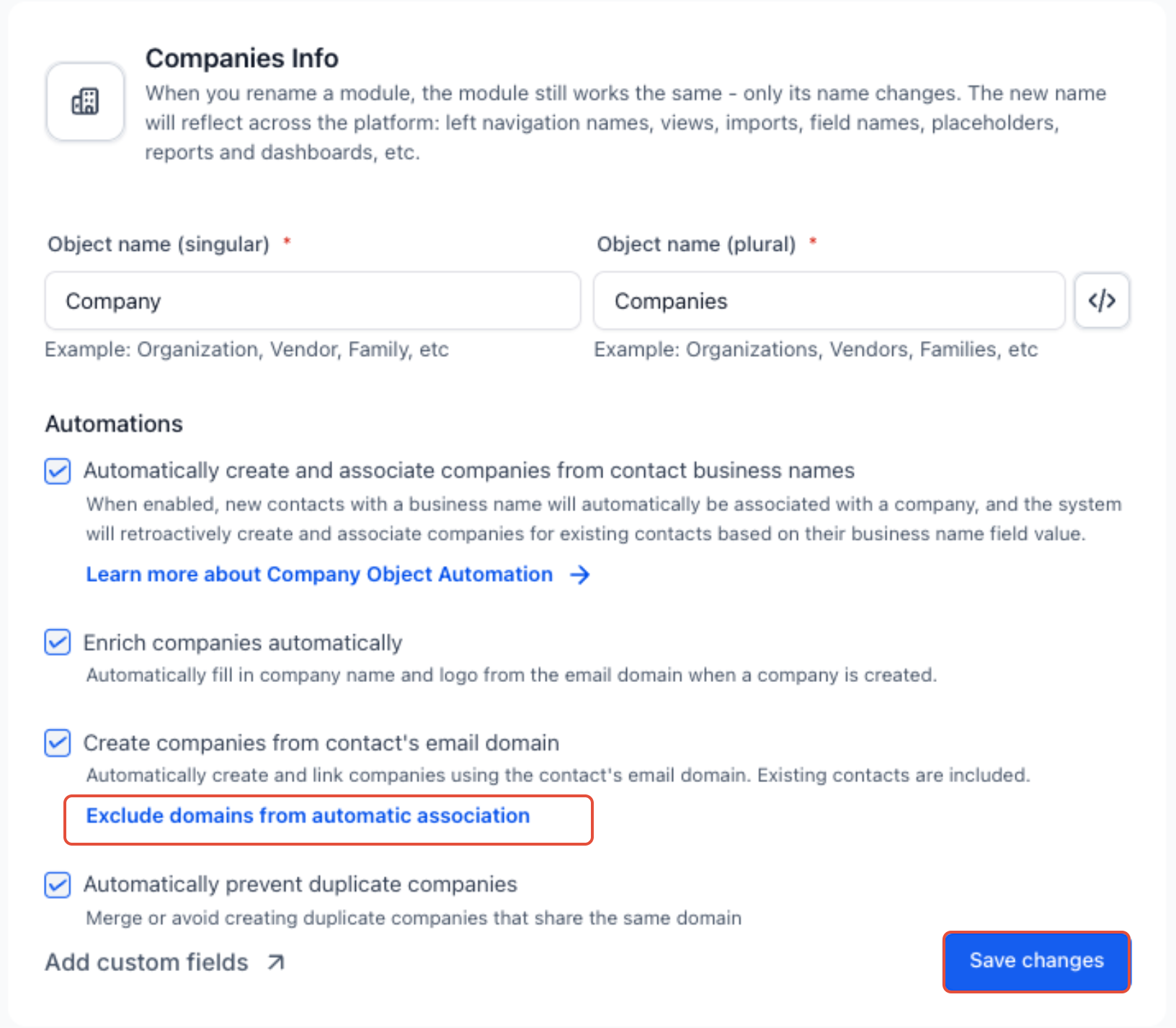 Company automation settings showing Exclude domains from automatic association
