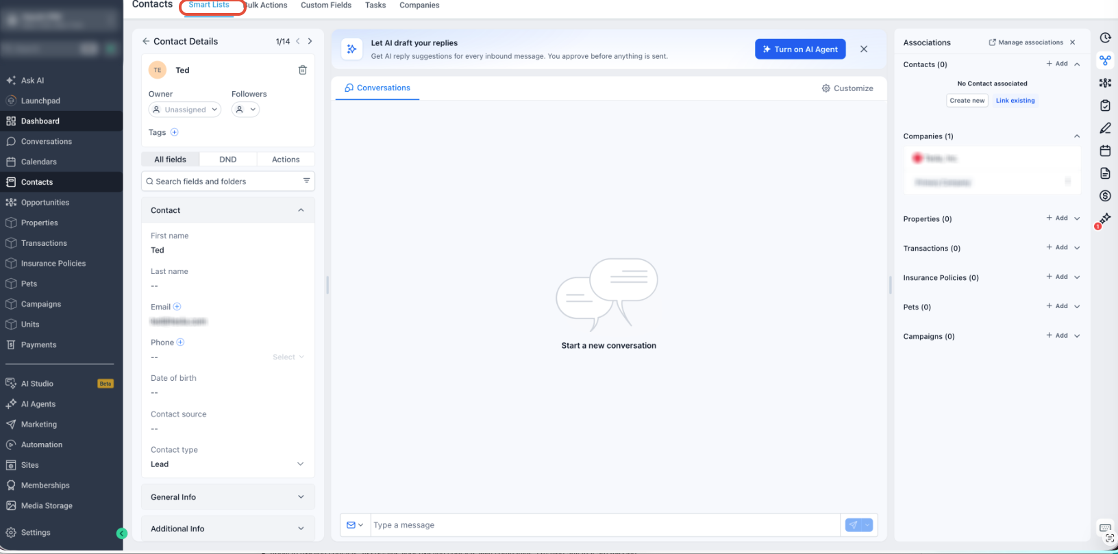 Contact record showing an automatically associated Company