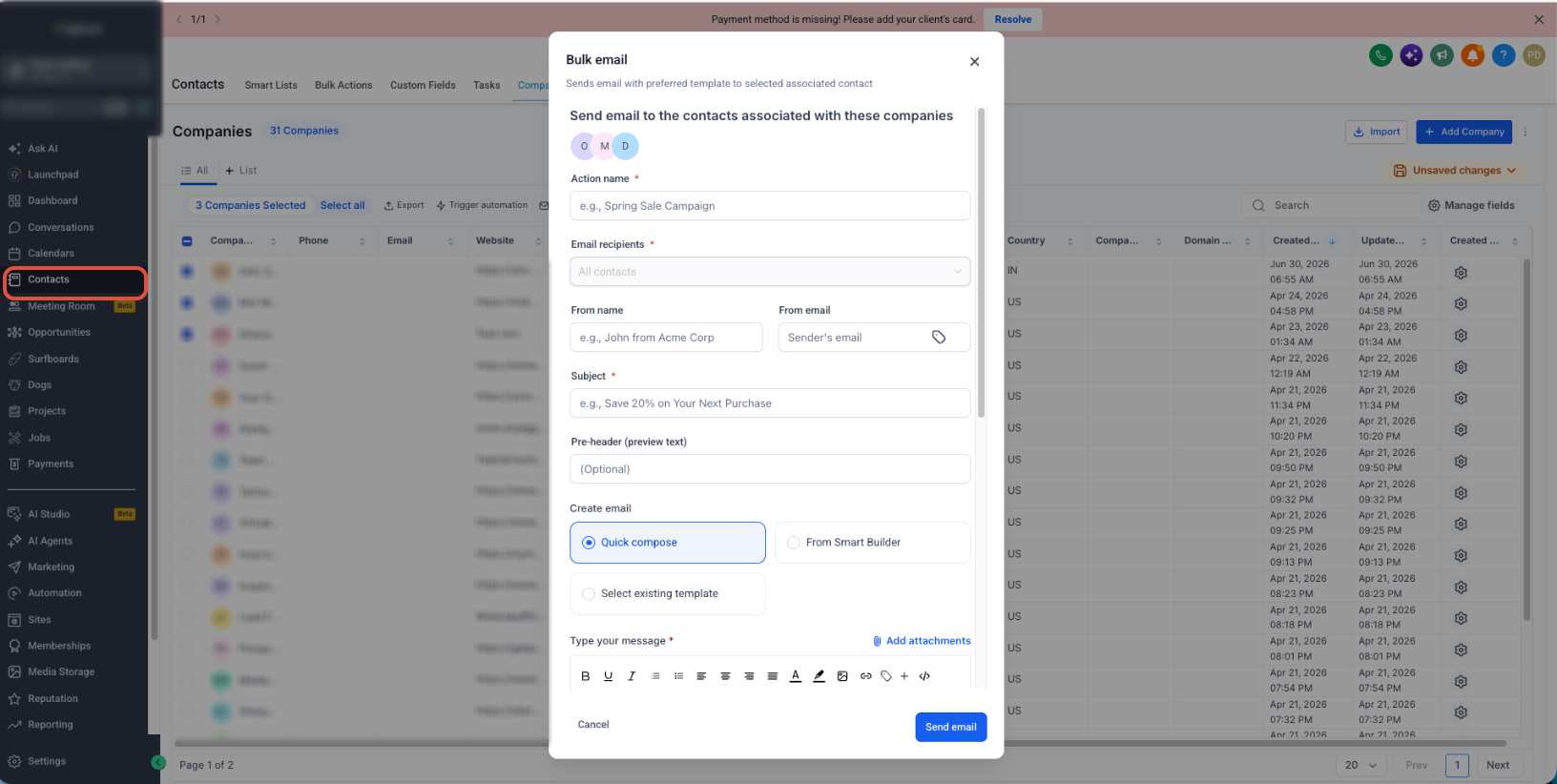 Bulk email settings showing an association label and associated Contact recipient options