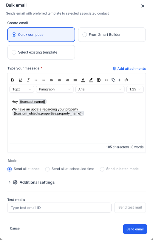 Bulk email composer showing email creation options, message content, delivery modes, and test email controls