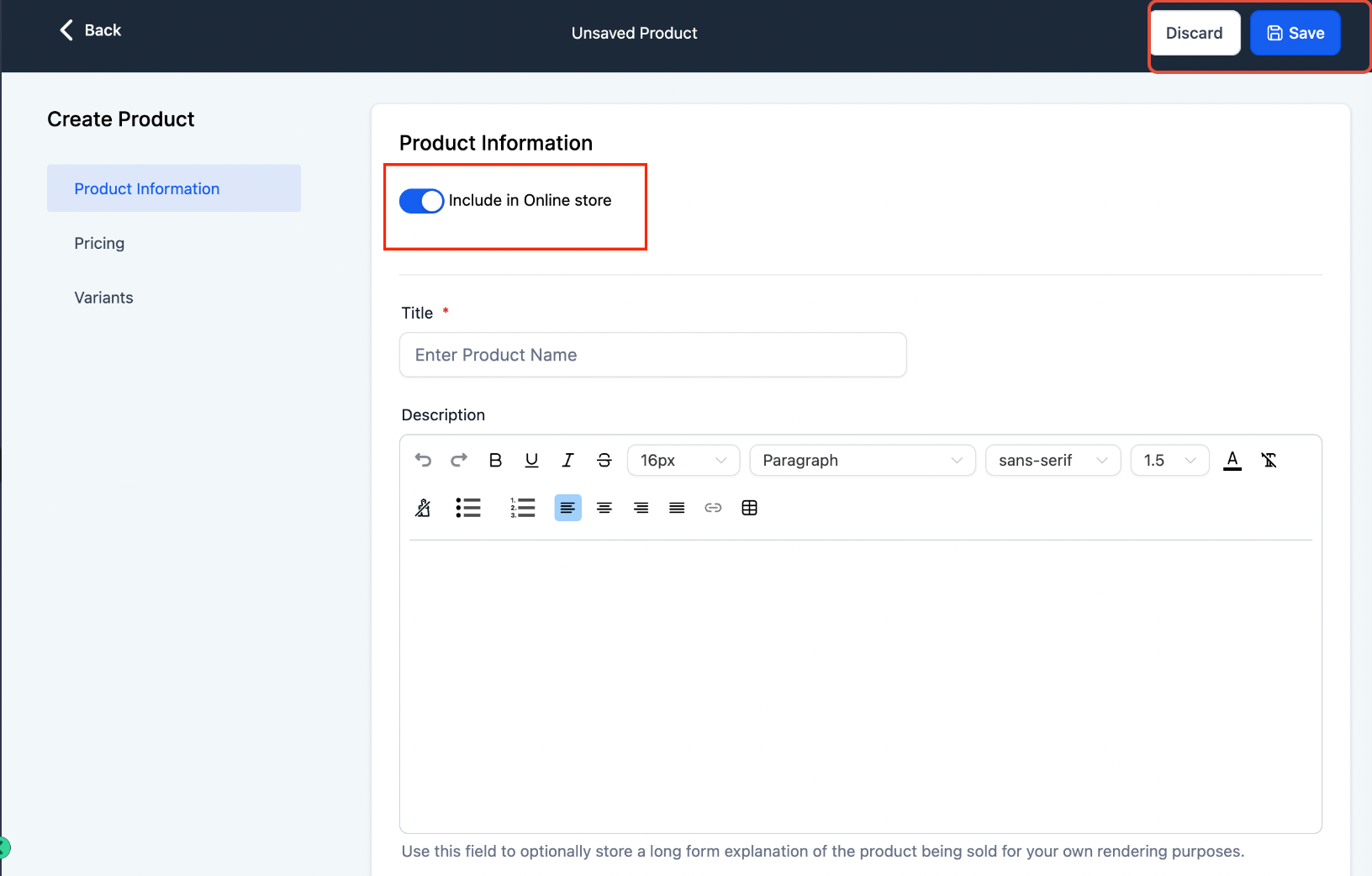 Product settings showing the option to include a product in the Online Store