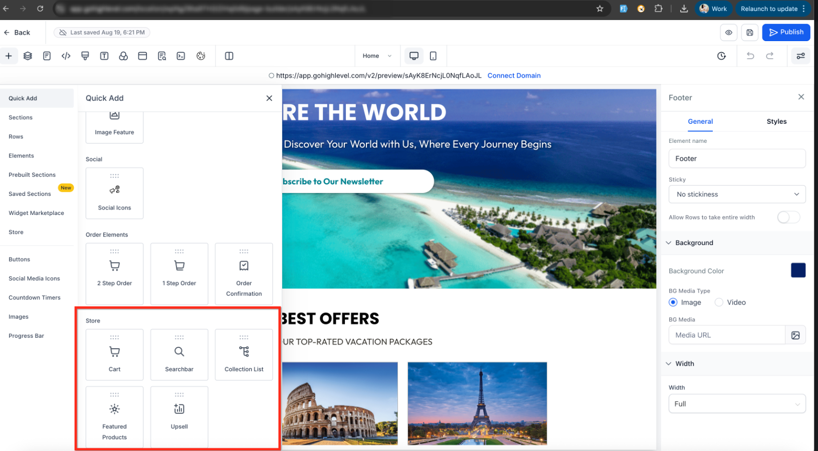 Website Builder showing Store elements that can be added to a page