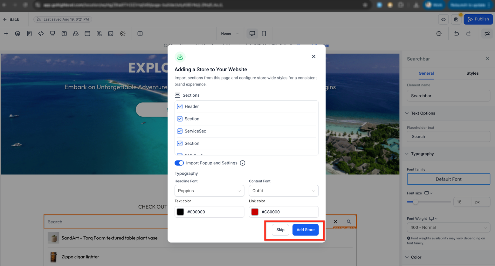 Store creation modal showing Add Store and Skip options