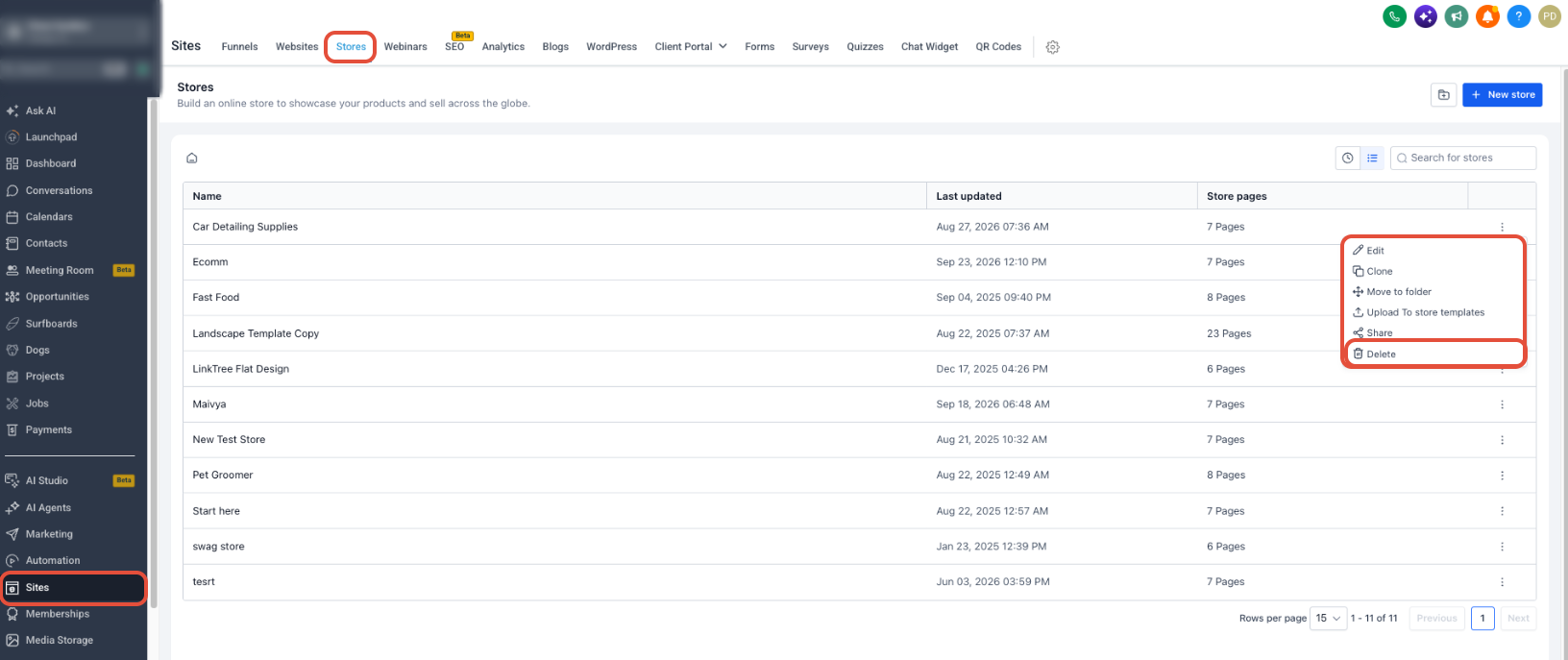 Delete Store confirmation and Store deletion controls