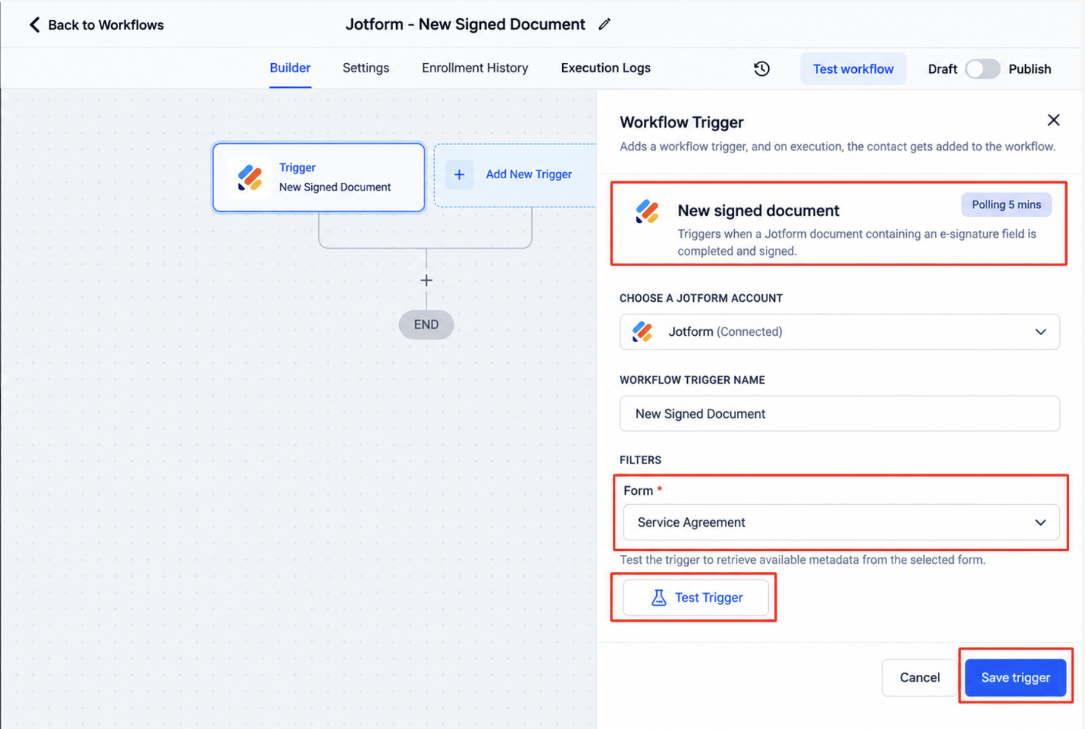 New Signed Document trigger configuration in Workflow Builder
