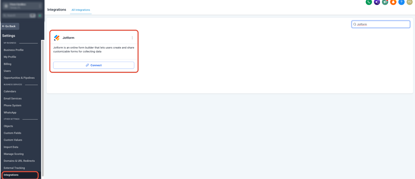 Integrations settings showing the Jotform connection option