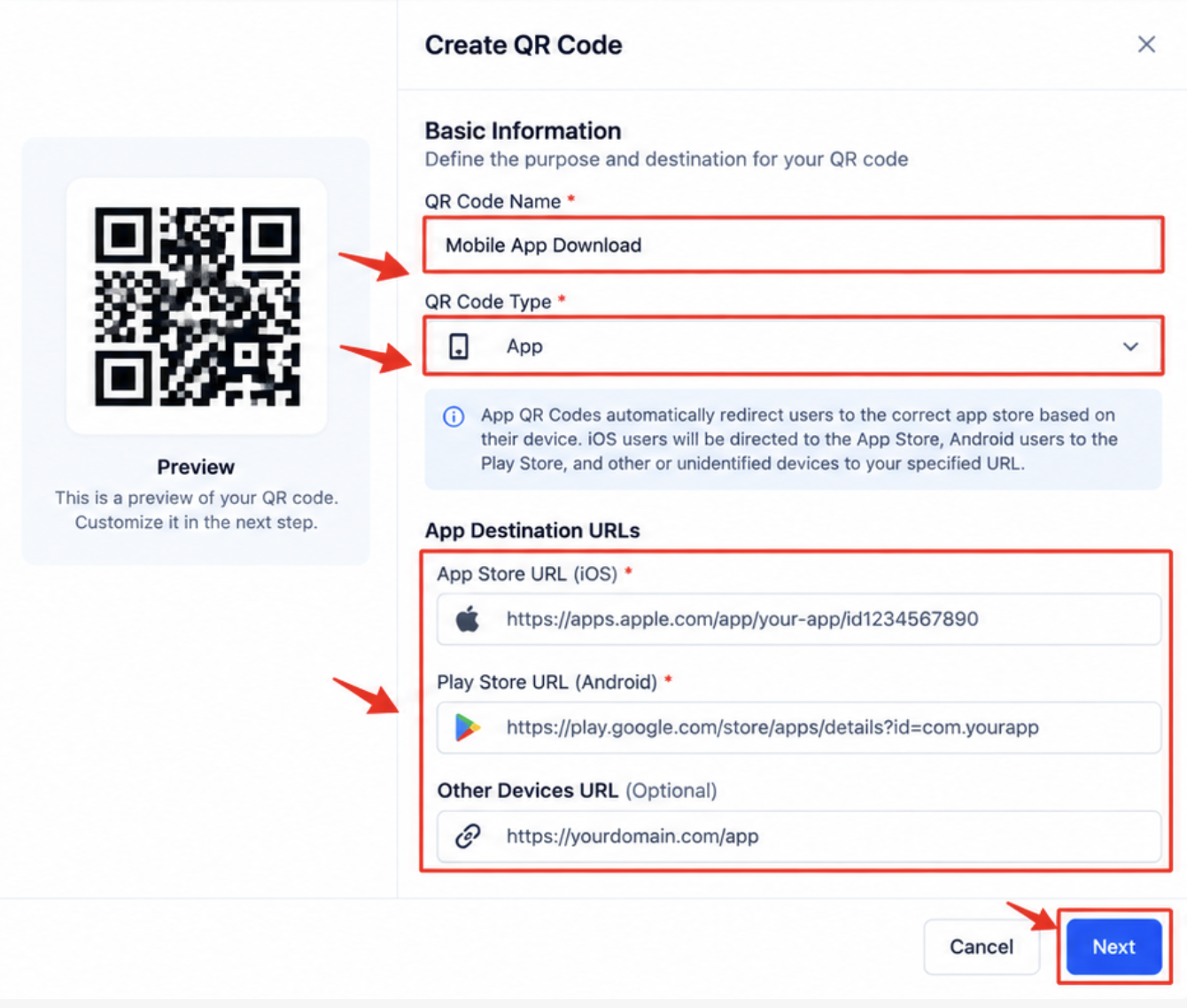 App QR Code configuration showing App Store URL, Play Store URL, and Other Devices URL