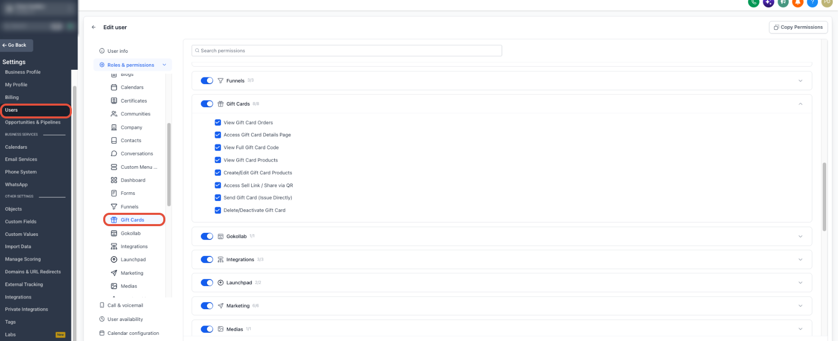 Roles and Permissions screen showing available Gift Card permission controls
