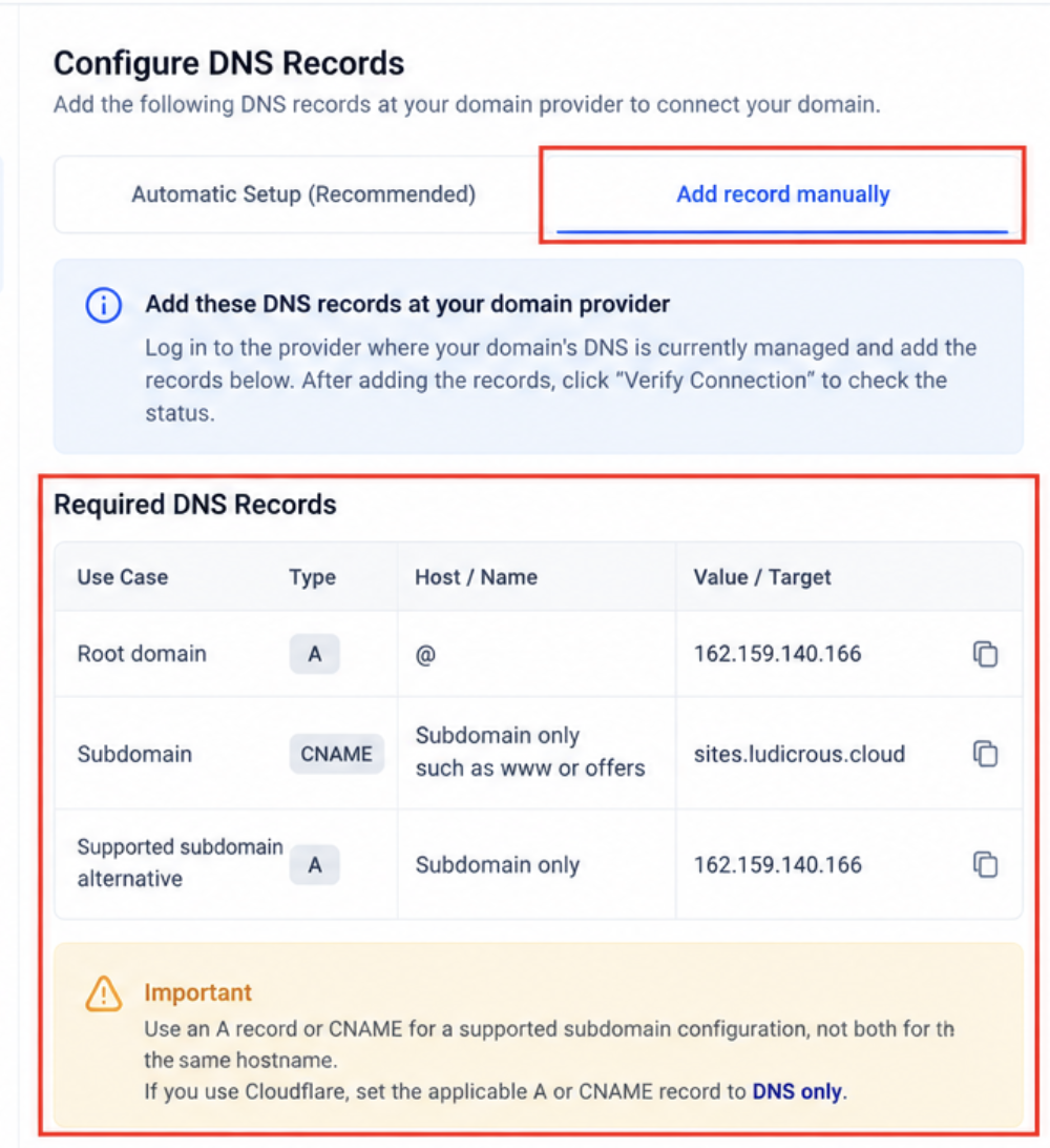 Manual DNS configuration showing the required domain record values