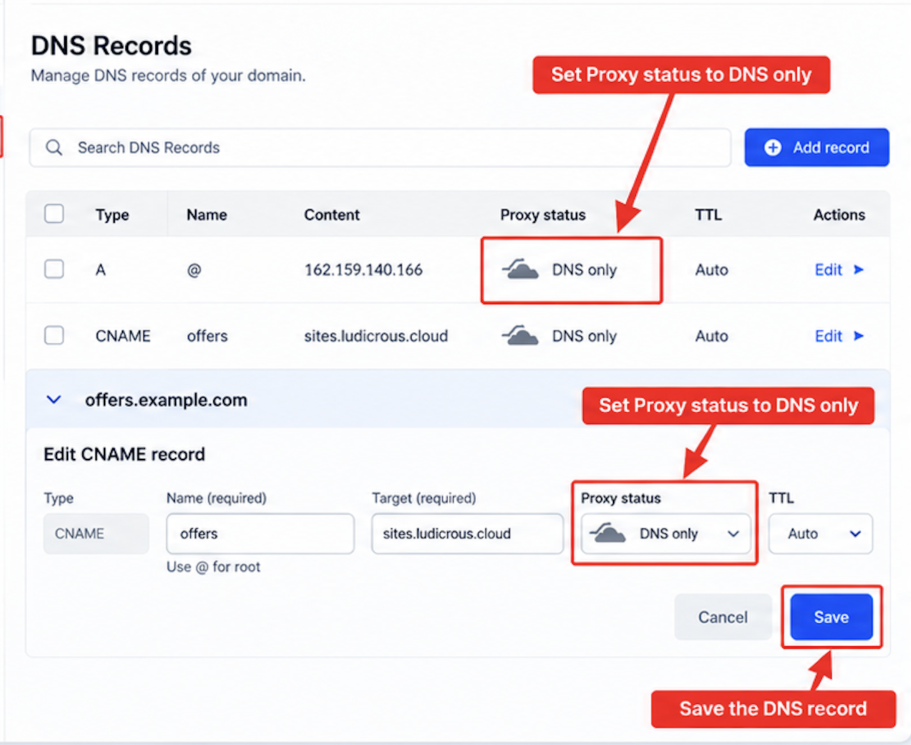 Cloudflare DNS record with Proxy status configured as DNS only