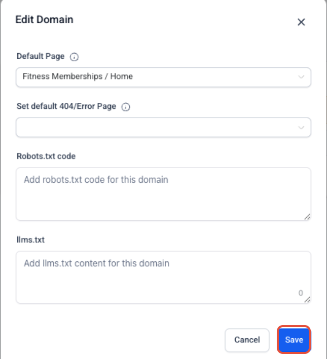 Edit Domain modal showing default page and default 404 error page settings