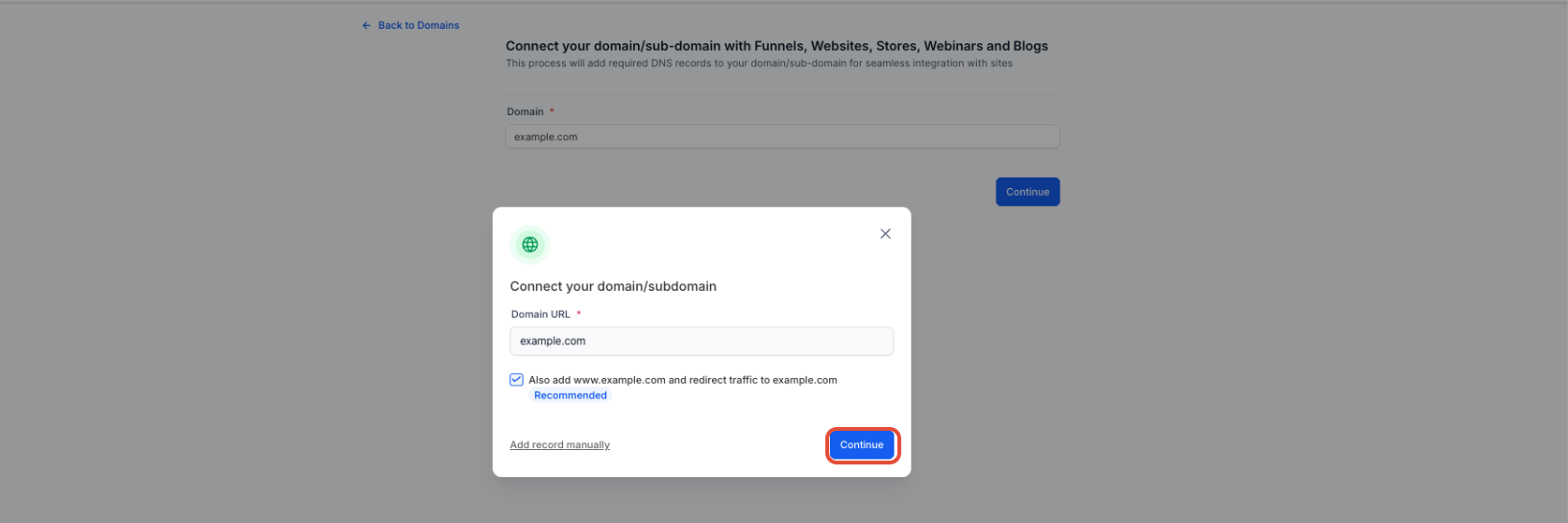 Domain Connect authorization screen for a supported DNS provider