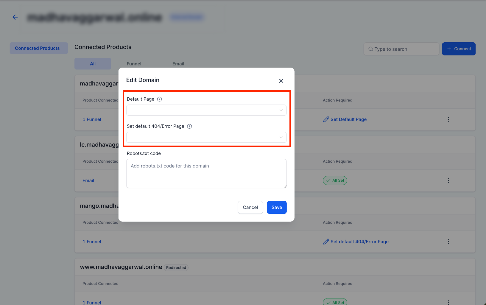 Action Required modal showing the Default Page and Default 404 Error Page dropdowns