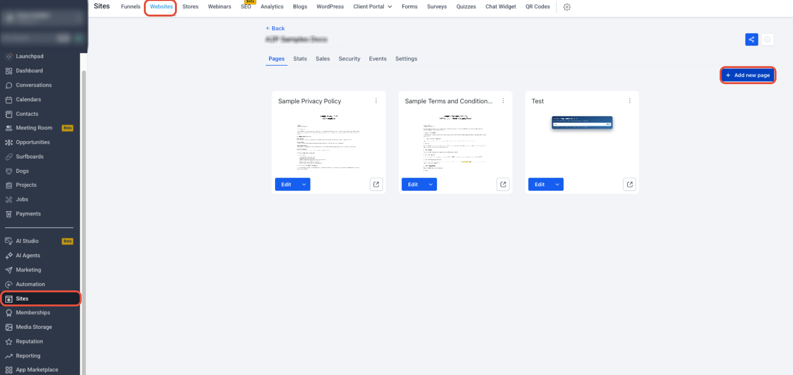 Website page creation screen for creating a custom 404 error page