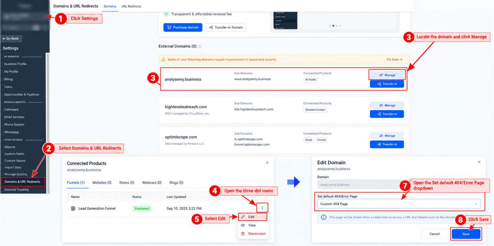 Connected Products menu showing the Edit option for a domain connection