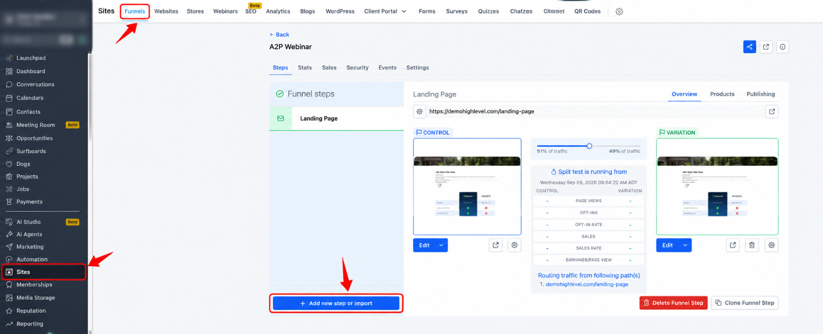 Funnel step creation screen for creating a custom 404 error page