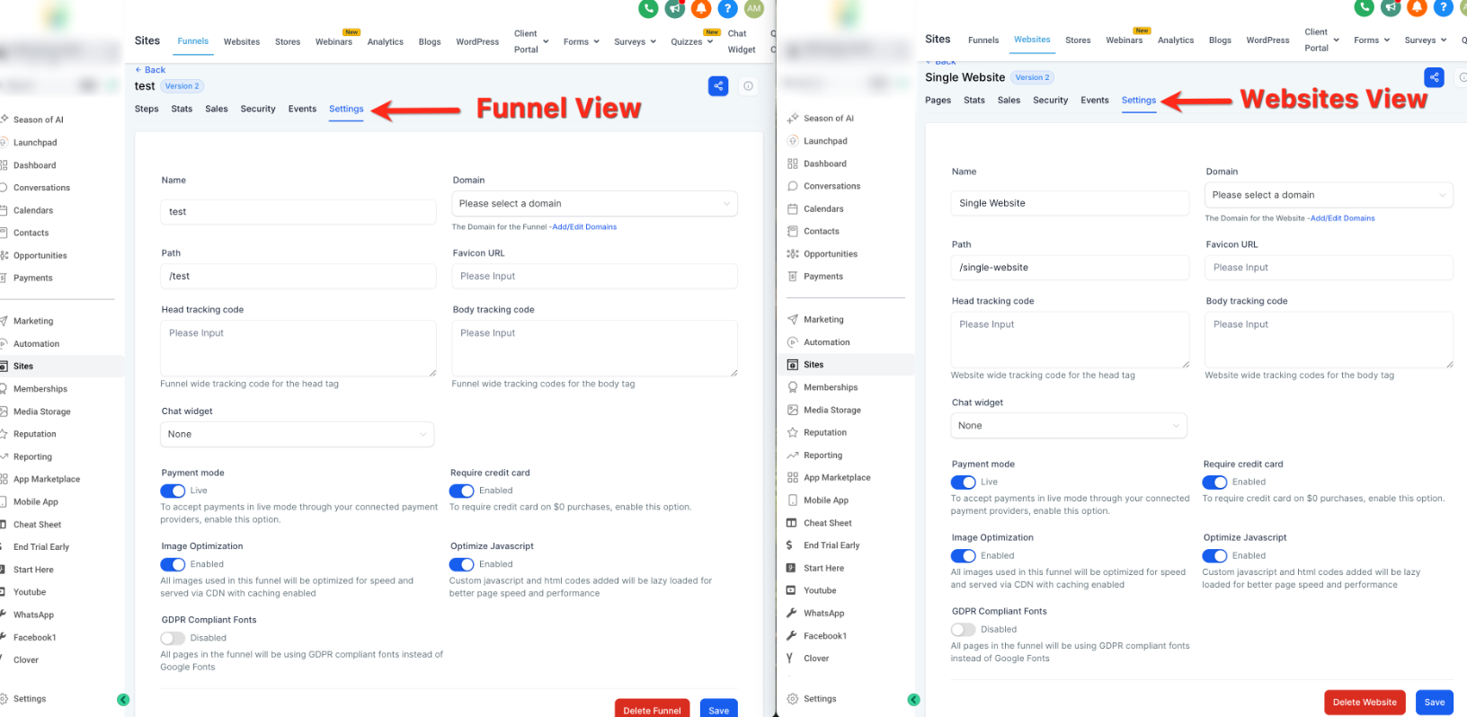 Website settings screen showing site-level configuration options