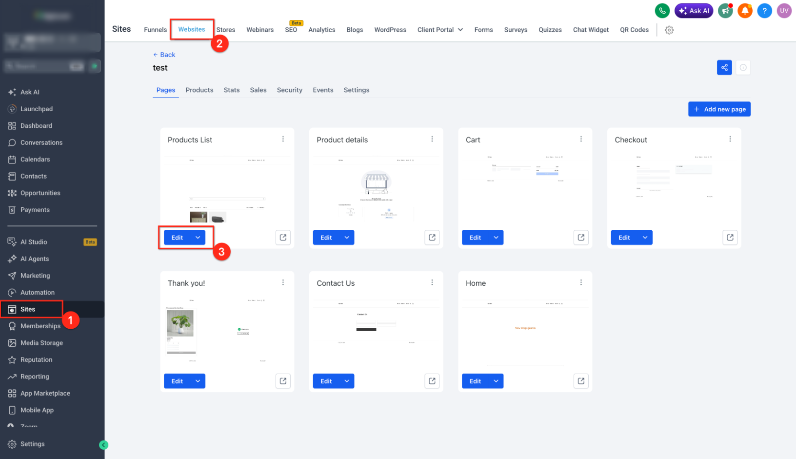 Opening a funnel or website page in the Page Builder