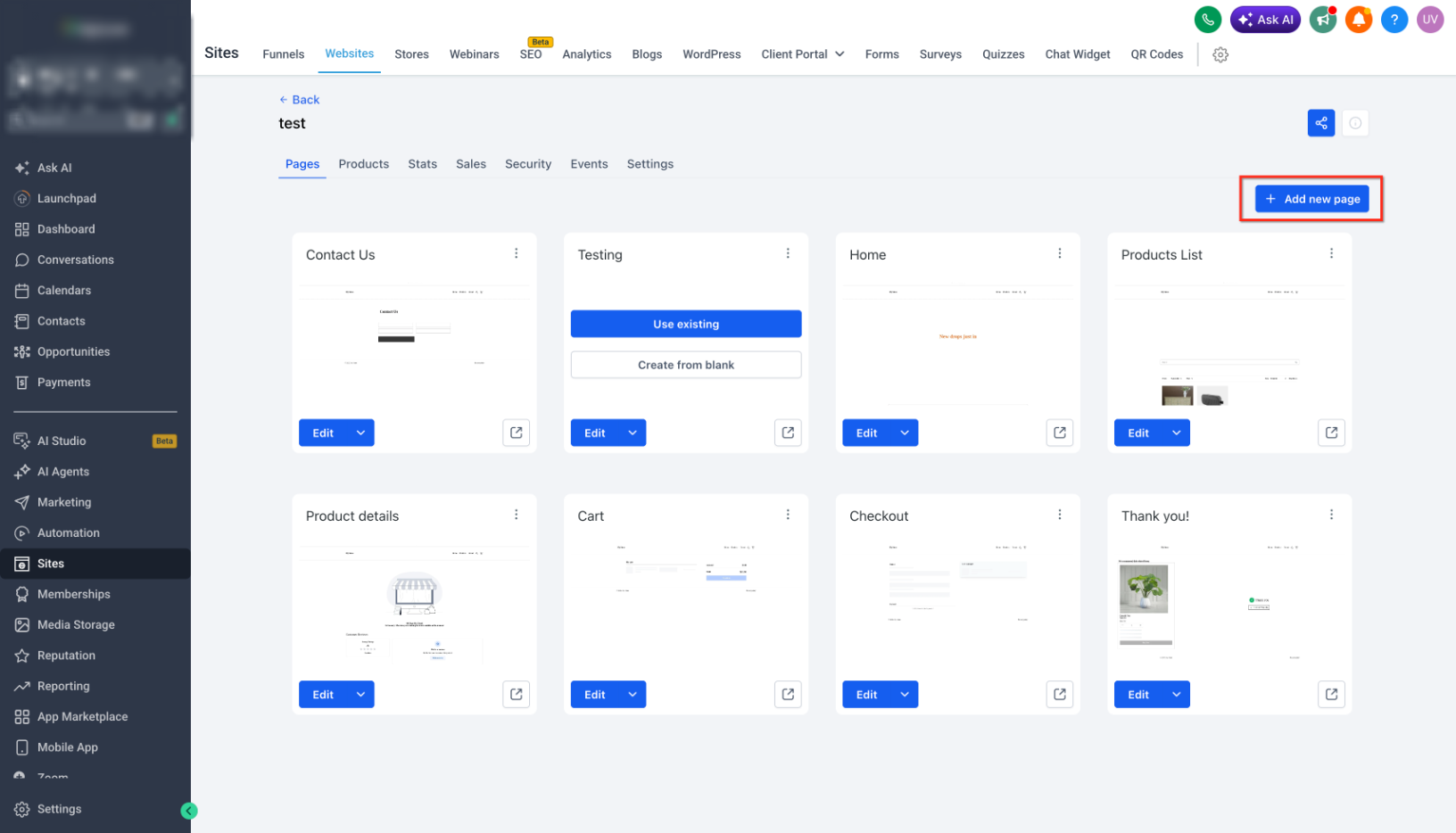 Creating pages from the Pages drawer in the Page Builder