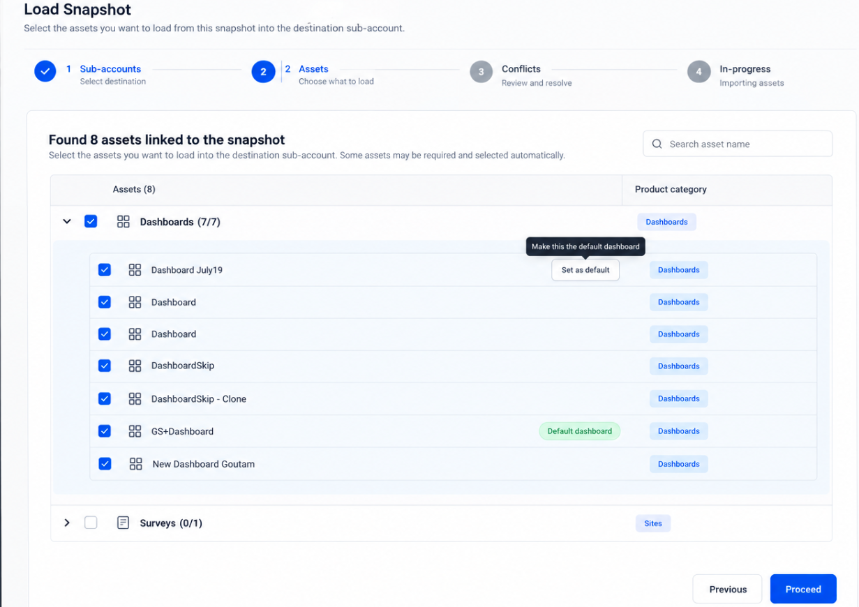 Snapshot asset selection showing dashboards and the Set as default option
