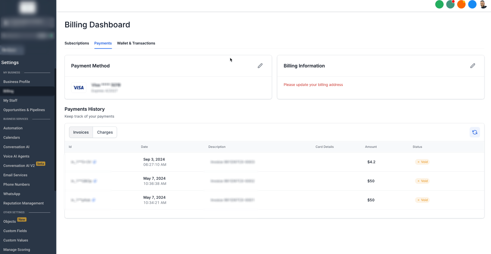 Billing Information area for updating a sub-account billing address