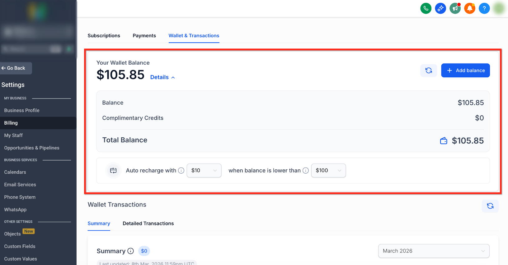 Wallet balance and wallet funding controls in the Billing Dashboard
