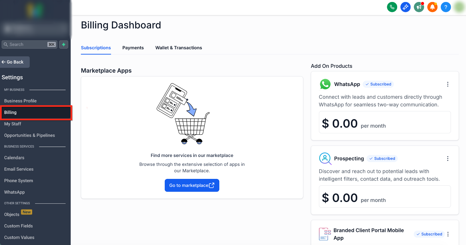 Sub-account Billing Dashboard in Settings