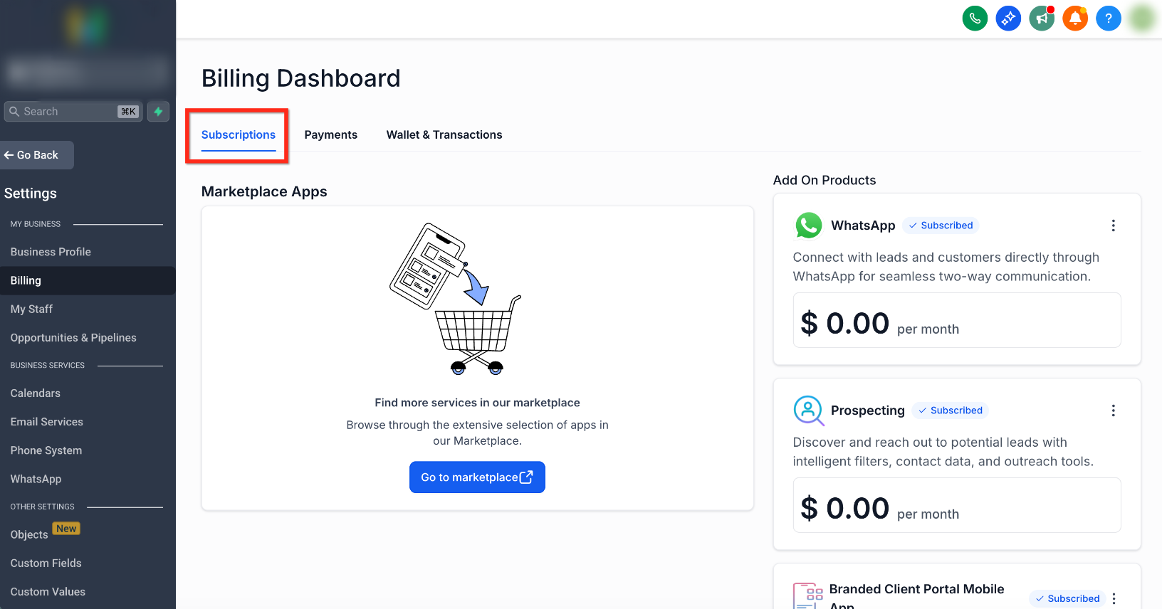 Billing Dashboard showing sub-account subscriptions