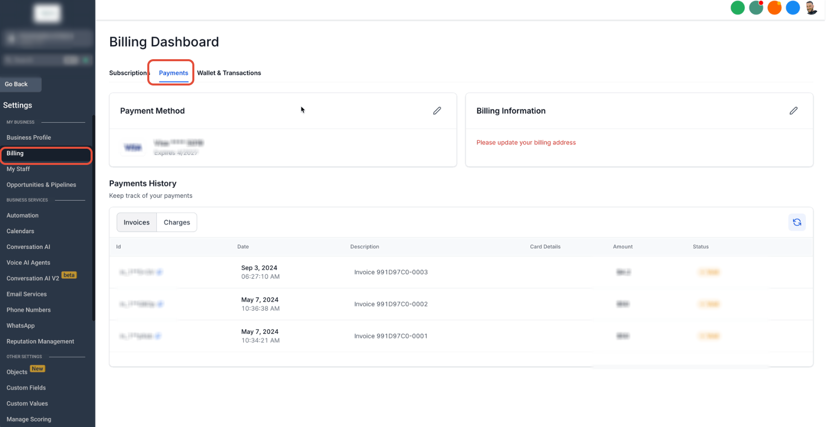 Payment Methods area showing saved cards and primary-card controls