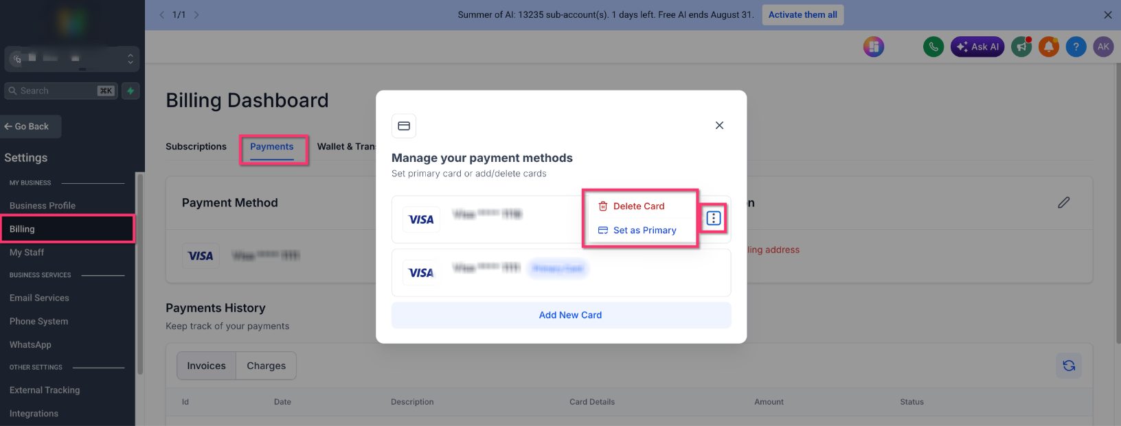 Saved payment methods menu showing the Delete Card action
