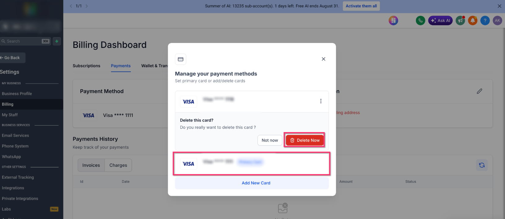Delete payment method confirmation warning for a saved card
