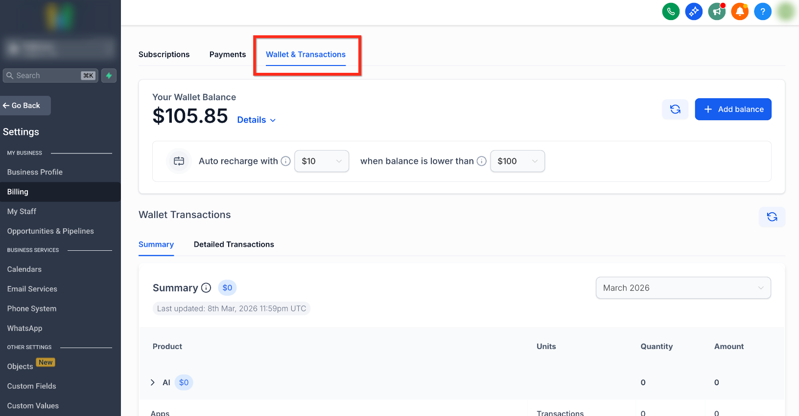 Billing charges and transaction history view
