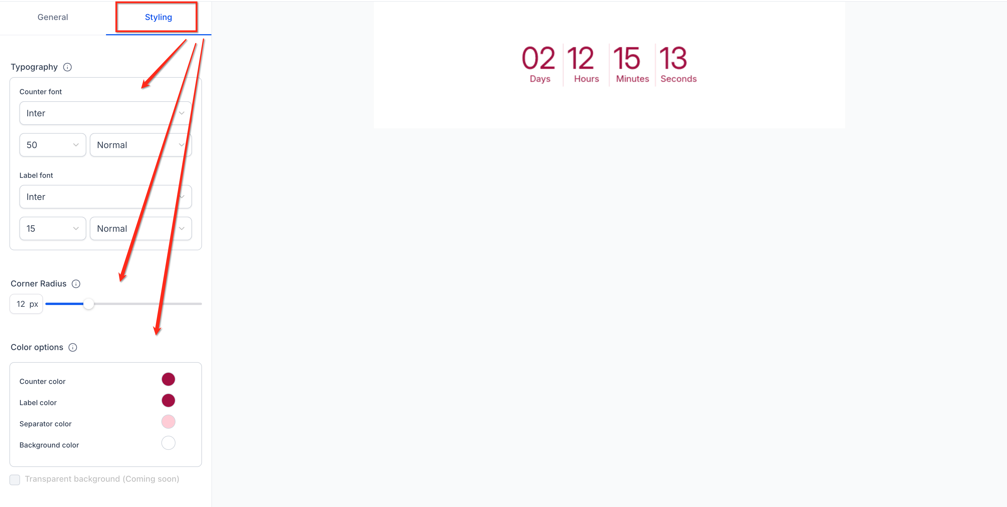 Customize Dynamic Countdown Timer design settings