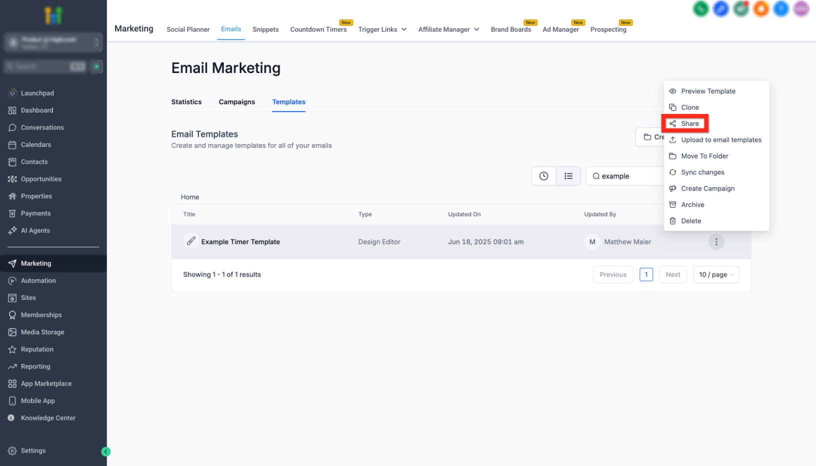 Share option for an email template