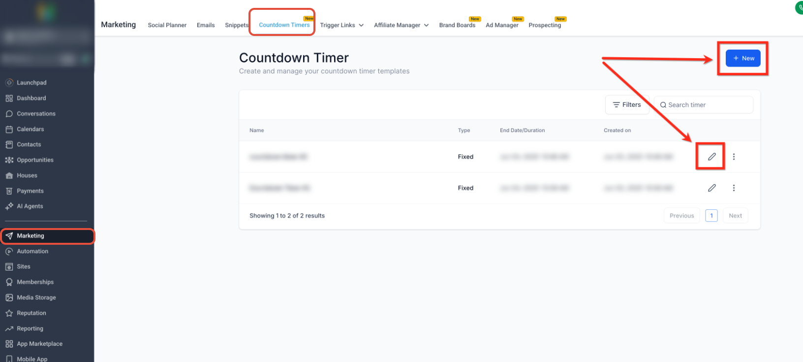 Countdown Timers dashboard showing an existing timer being edited and the New option