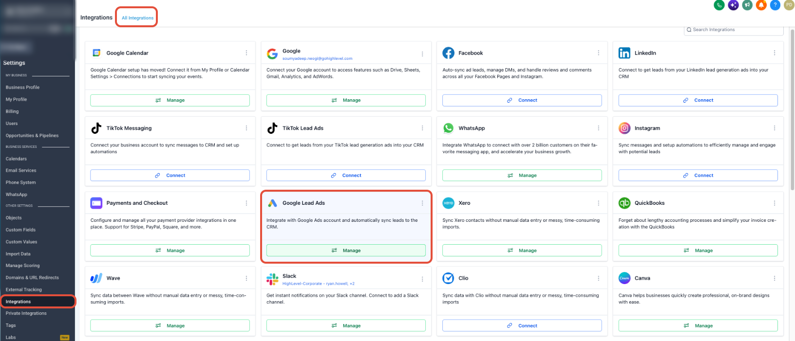 Settings Integrations showing the Google Ads integration
