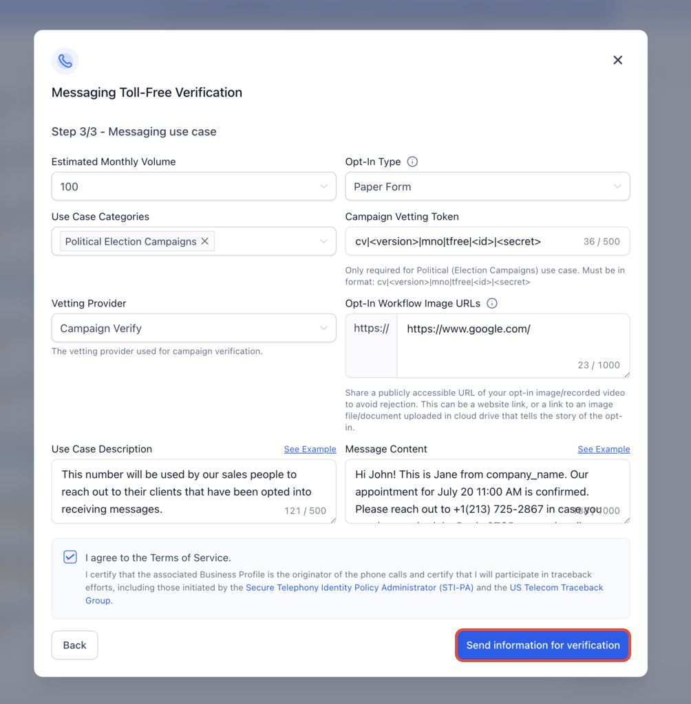 Toll-Free Verification showing the political use case and Campaign Verify Auth Token field