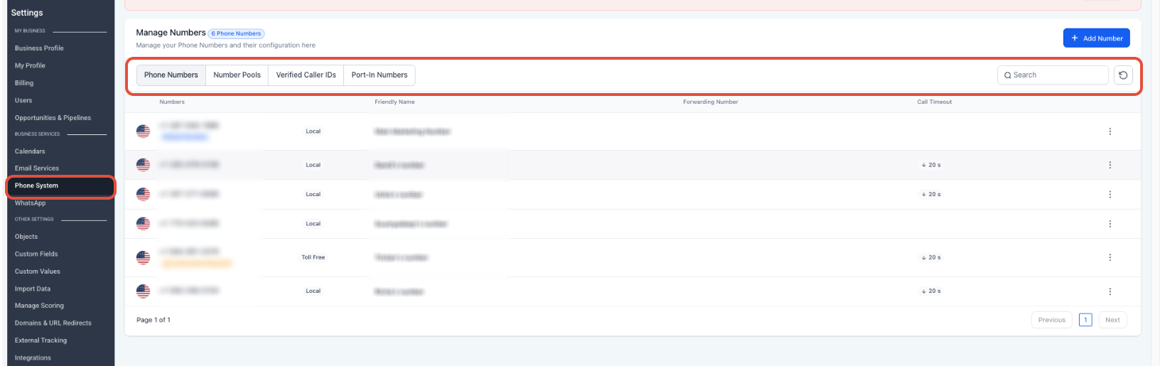 Manage Numbers showing a toll-free number requiring verification