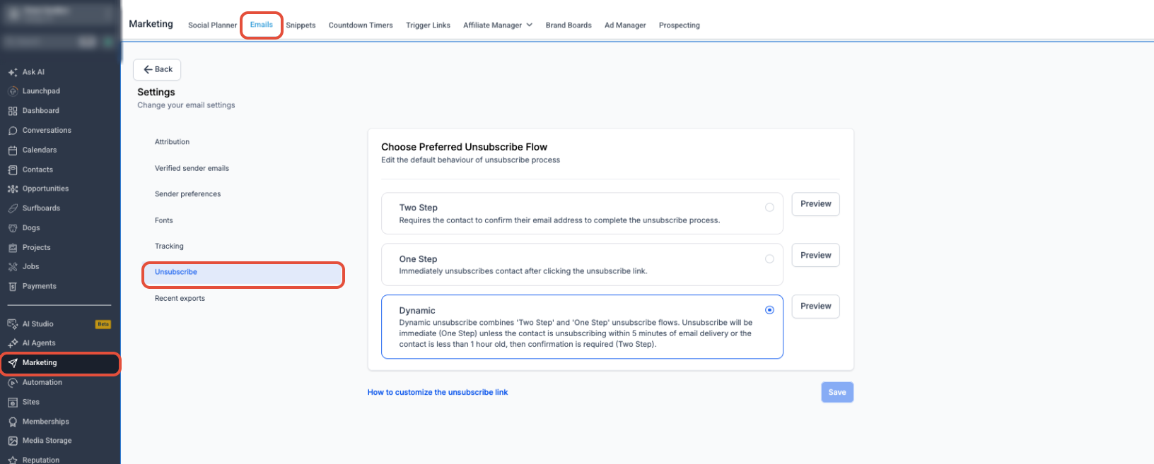 Unsubscribe settings showing One Step, Two Step, Dynamic, Preview, and Save