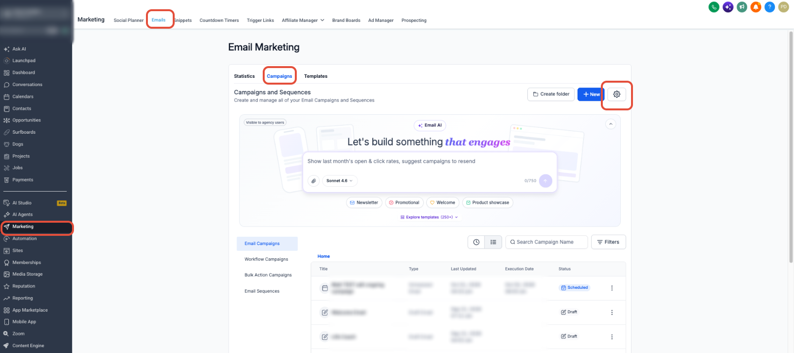 Email Campaigns page showing the Settings gear