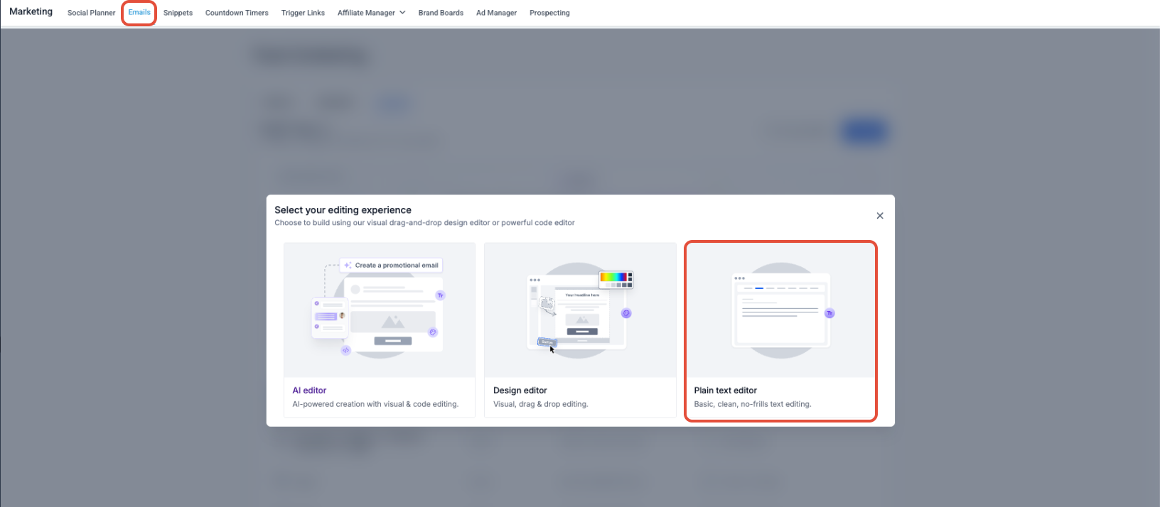 Email editor selection showing Design Code and Plain Text options